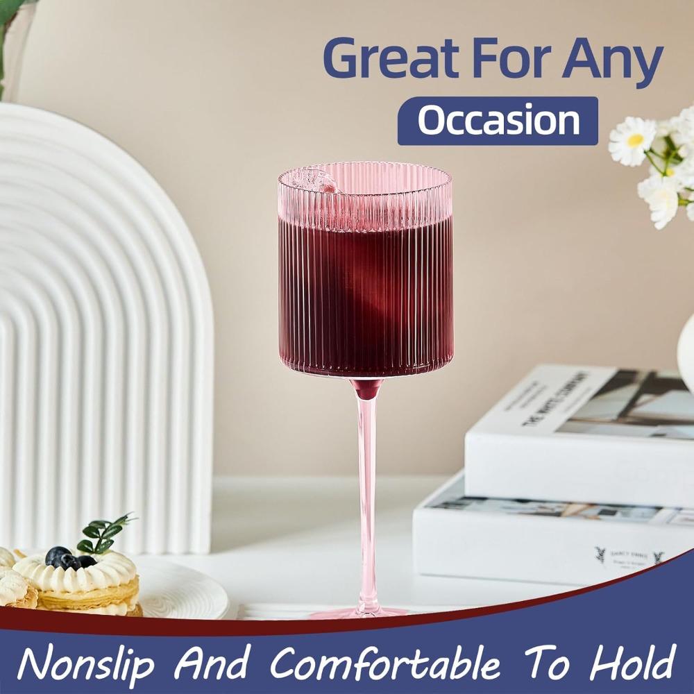 4pcs Plastic Goblets Wine Glasses 11oz Elegant Ribbed Design Wine Glasses Pink Unbreakable Wine Glasses Plastic Cocktail Glasses Shatterproof Wine Cup