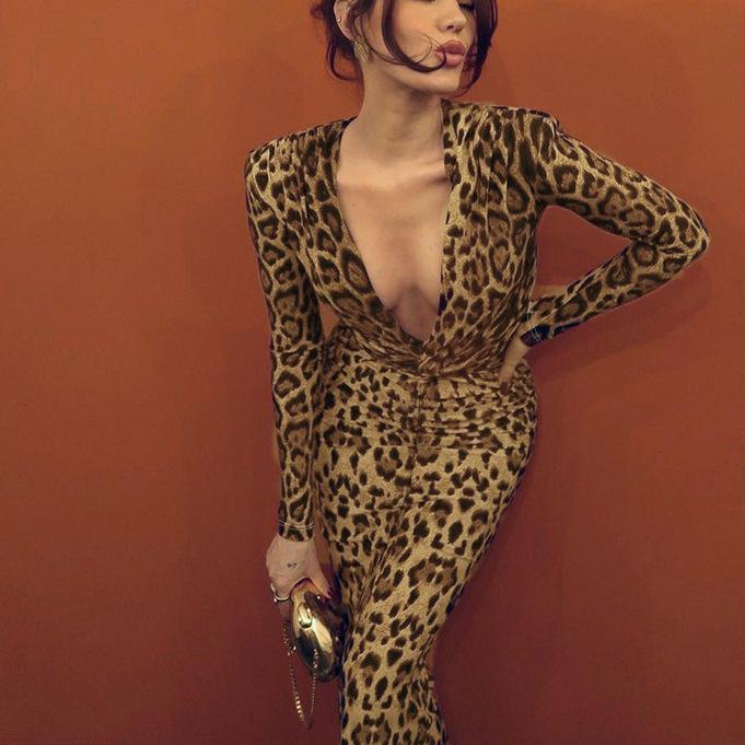 European and American leopard print fashion sexy long dress temperament twist long sleeve dress S