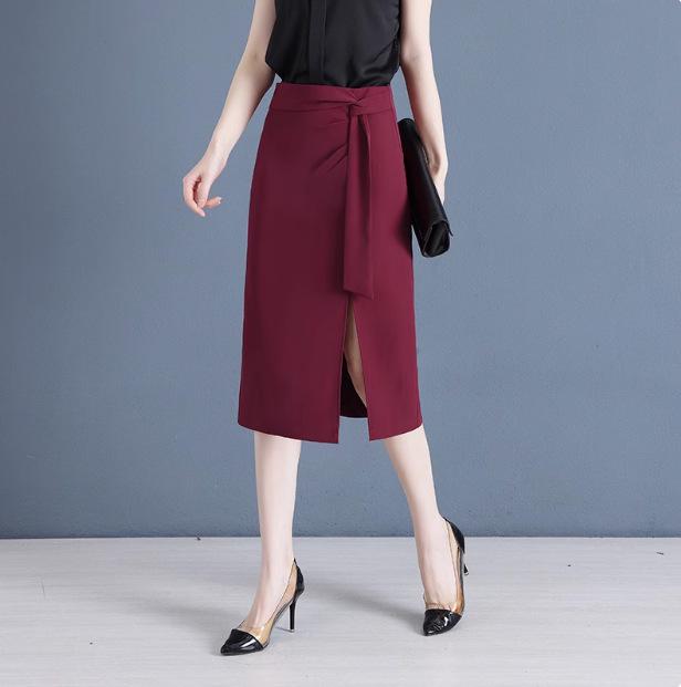 

Женская юбка миди с высокой талией и нерегулярным разрезом - Модная для весны, лета или осени 2025 L вино красного