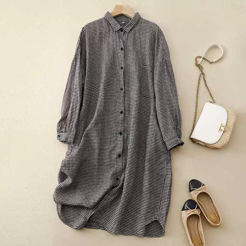

Платье из хлопка и льна с длинными рукавами в клетку для женщин, весна-лето, новая корейская версия свободного покроя большого размера, темпераментное повседневное XXL