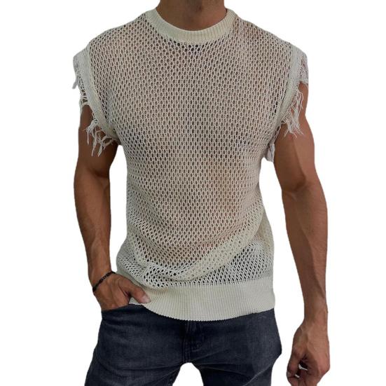 

Men Vest Solid Color Round Neck Perspective Cutout Sleeveless Clubwear Ripped Knitted Men Tank Top Male Clothing M білий