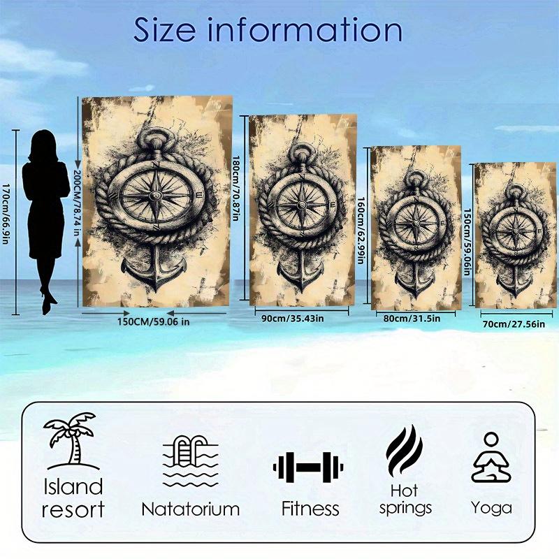1pc Bohemian Nautical Compass & Rope Print Beach Towel - Super Soft, Fast-Drying Polyester Microfiber Mat for Yoga & Relaxation