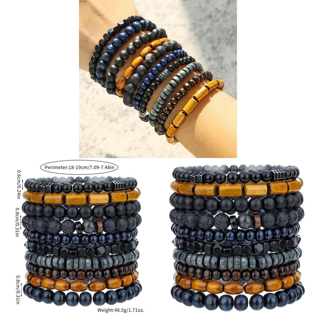 Vintage Wooden Bead Lava Stone Mens Bracelets With Elastic Band For Travel Gift