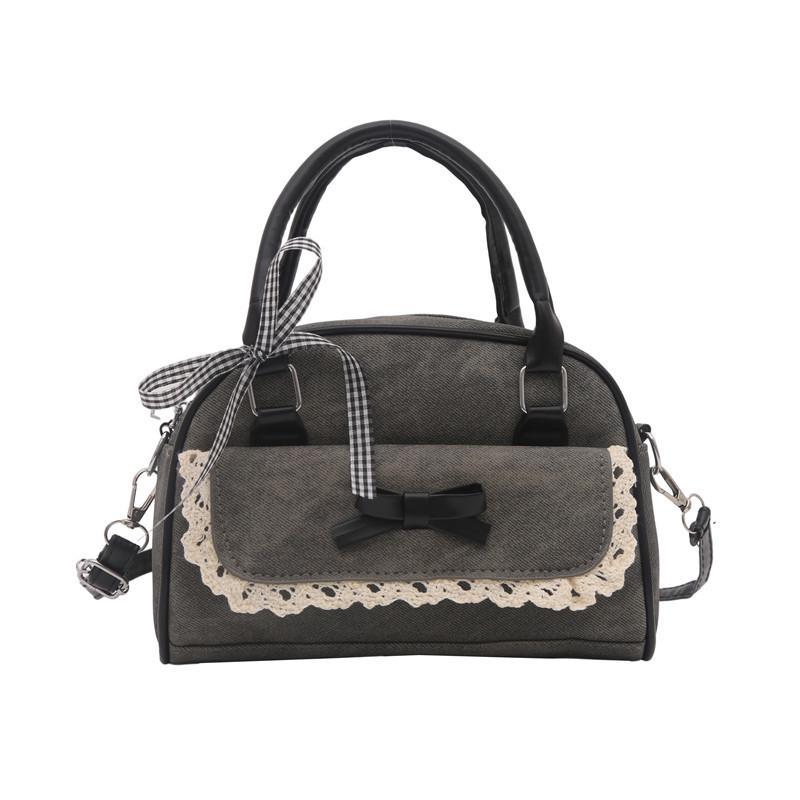 

Korean Style Women s Single Shoulder Crossbody Bowknot Boston Handbag with Lace Trim чёрный