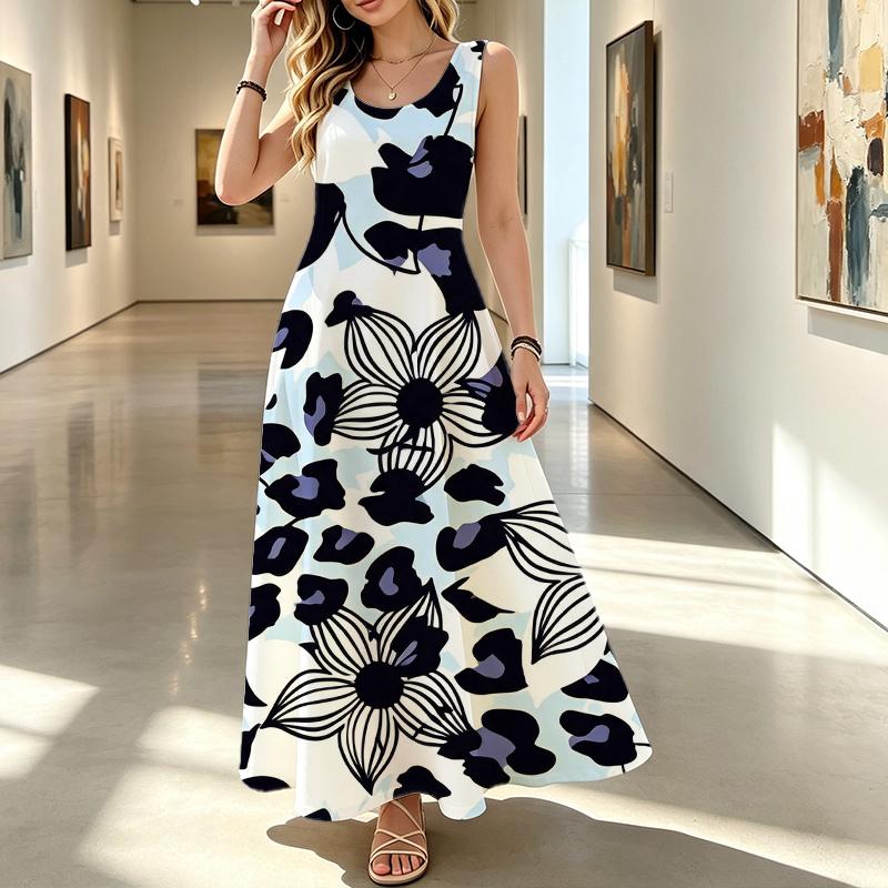 Summer Bohemian Floral Sleeveless Maxi Tank Dress,Lightweight Flowy Elegant Casual Dress,Daily Street Wear for Women