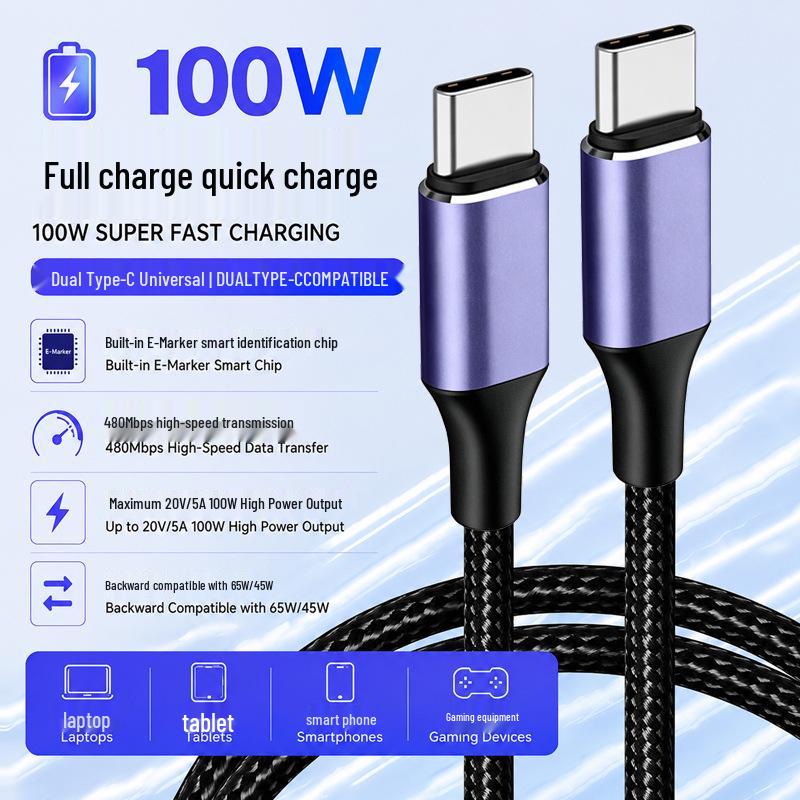 PD USB-C - USB-C Hızlı Şarj Kablosu, 60W/100W, Tek Dirsekli, Erkek - Erkek, 3A/5A