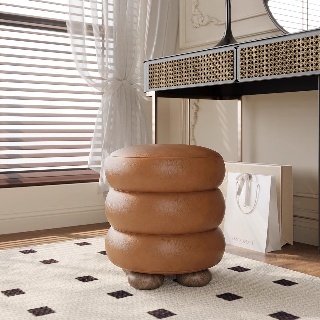 Sgabello da Toeletta Lussuoso Stile Cremoso - Sgabello Rotondo in Lana per la Camera da Letto delle Ragazze, Pouf Decorativo Minimalista, Comodo Poggiapiedi