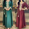 Ramadan Muslim Gold Embroidery Dresses Abayas Dubai Casual Kaftan Robe Ethnic Costumes with Long Sleeve for Womens
