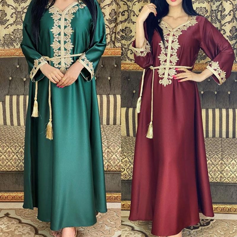 Ramadan Muslim Gold Embroidery Dresses Abayas Dubai Casual Kaftan Robe Ethnic Costumes with Long Sleeve for Womens
