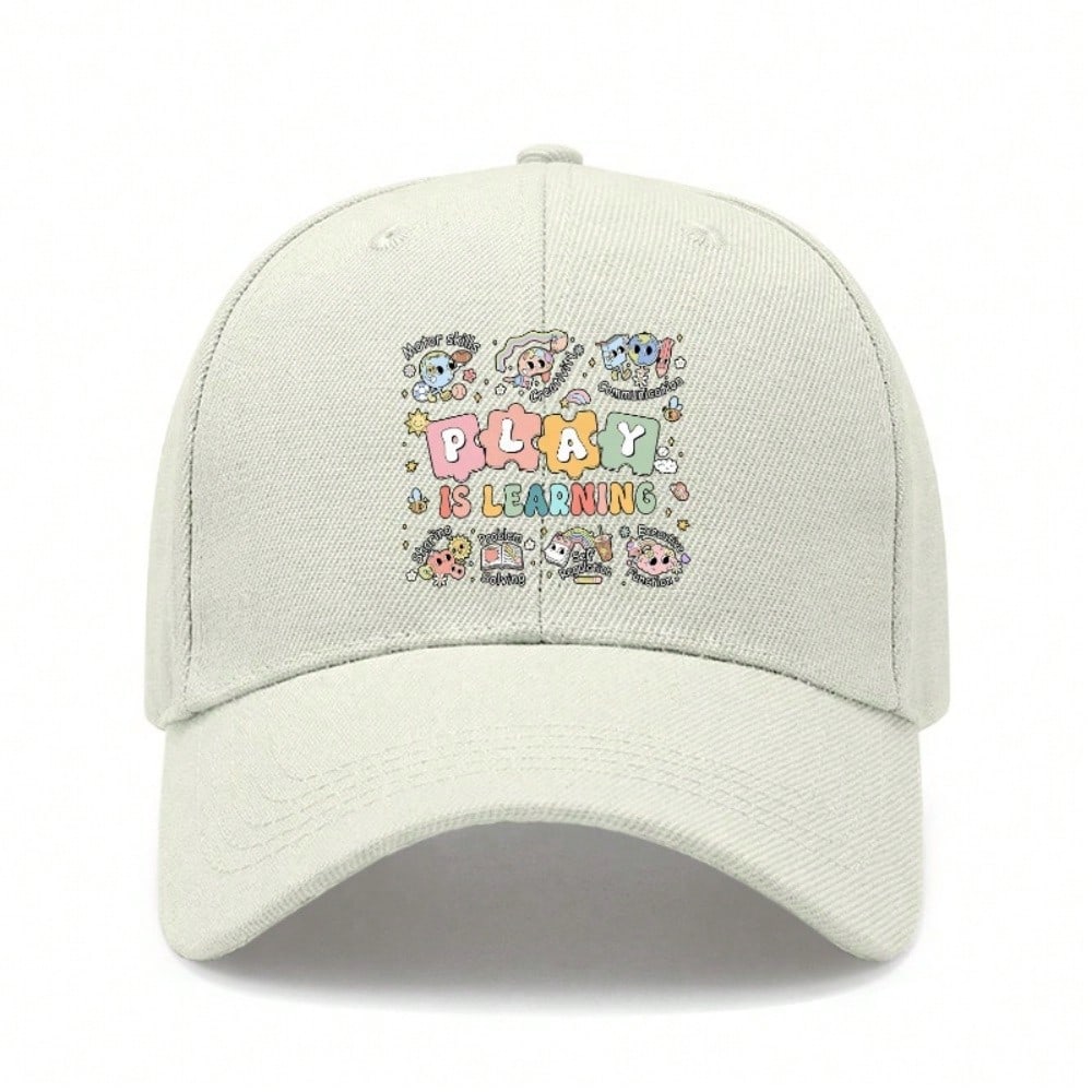 Kids Educational Baseball Cap - "PLAY IS LEARNING" Print Adjustable Breathable Lightweight Unisex Outdoor Sports Hat For School & Everyday Wear -