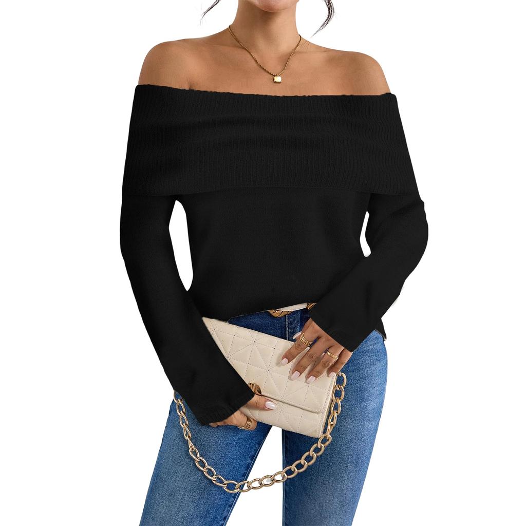 Women Solid-color One-shoulder Slim And Fashionable Long-sleeved Knitted Sweater Top