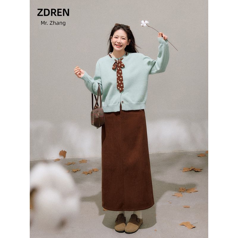 Zhang Ren Plus size women clothing Chubby Korean Series Slimming Fresh Green Sweater Outerwear Deep Coffee Color Long Skirt Set