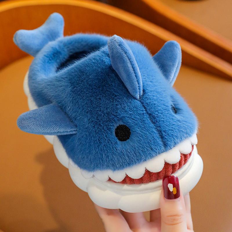 Children's Cotton Slippers Autumn and Winter Waterproof Home Indoor Non-slip Boy Cute Shark Pattern Baby Child Cotton Mop