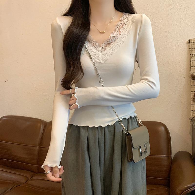 T-shirt women s thin autumn new solid color slim-fit lace shirt V-neck pure desire S