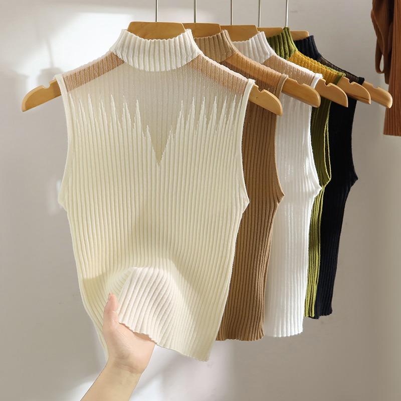 Summer New Sleeveless Casual Tank Tops Women Clothes Semi High Neck Inner Slim Fit Women's Tanks Camis Elegant Solid Simple Knit Lady Tank Vest 26151
