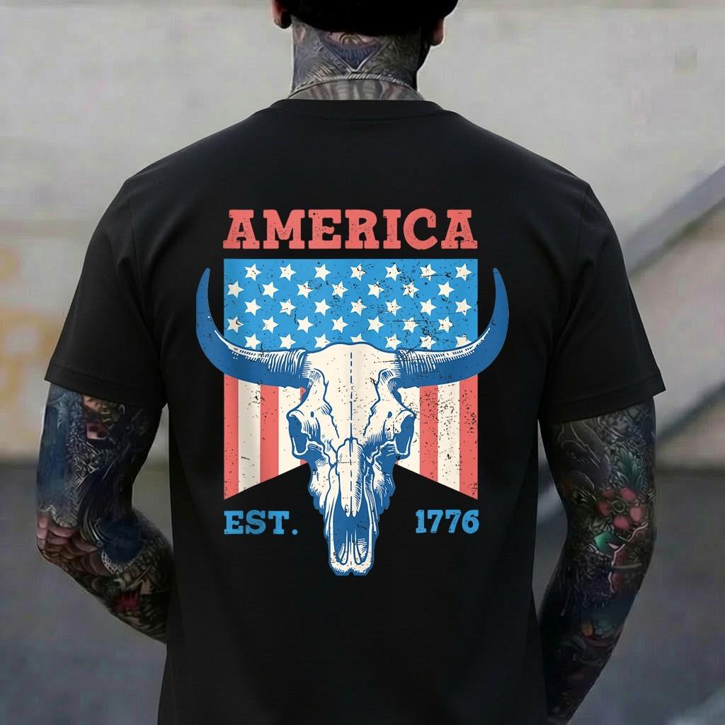 Vintage Bull Skull Cow American Flag 1776 Patriot Patriotic T-Shirt XL