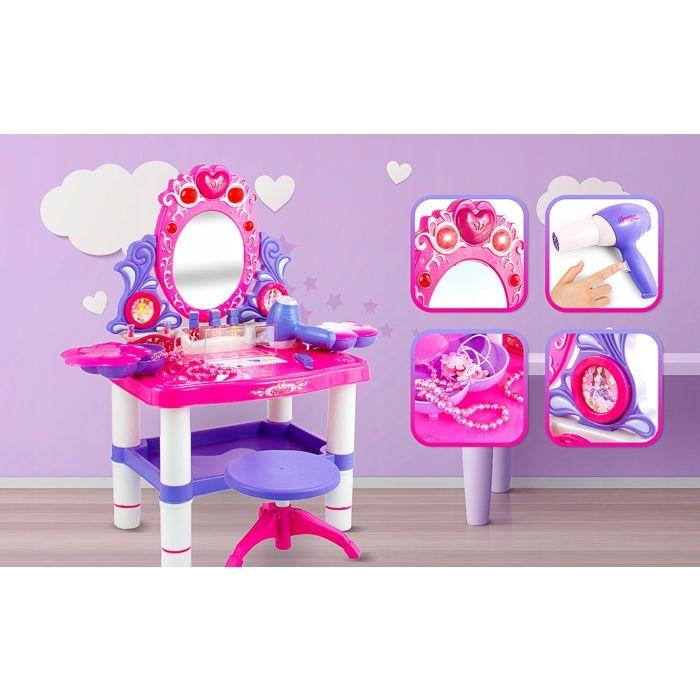Coiffeuse enfant avec tabouret, lumières et sons, sèche-cheveux et bijoux - Kinderplay (KP2798)