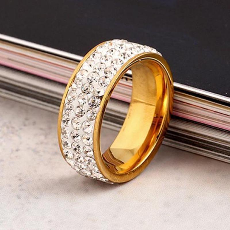 Anello da dito in acciaio al titanio da donna e da uomo, 3 file, con strass lucido, regalo per matrimonio