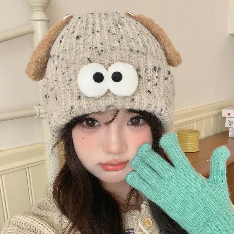 Cute Funny Big eyed Cartoon Hat for Women In Autumn and Winter New Warmth and Thick Knitted Pullover Hat Versatile Wool Hat