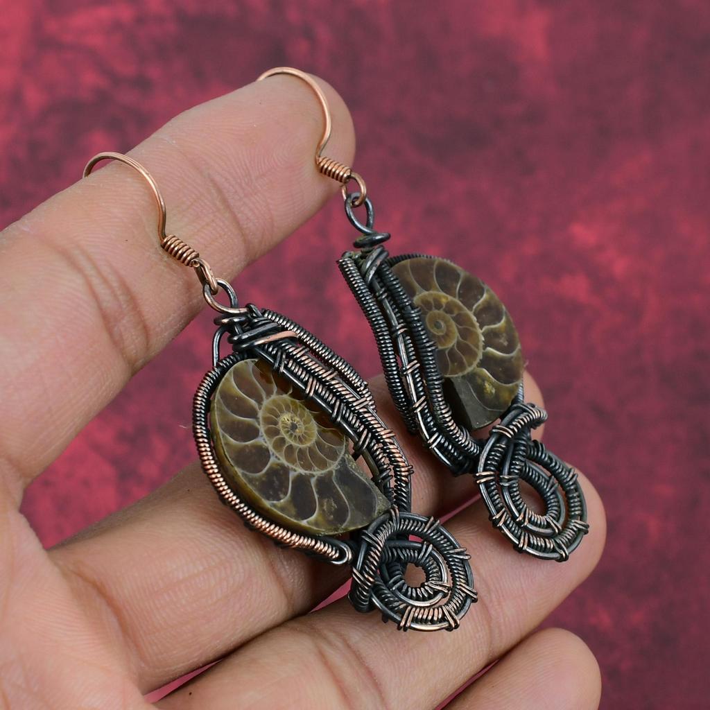 Ammonite Fossil Earring Copper Wire Wrapped Earring Handmade Dangle Jewelry Natural Gemstone Earring Anniversary Gifts Copper Wire Jewelry