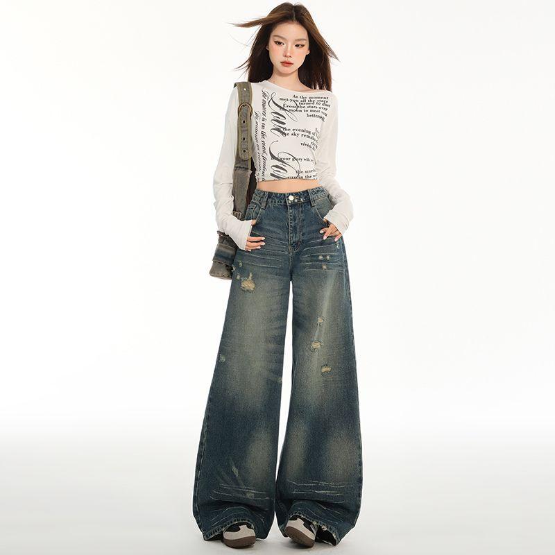 Spring Vintage Distressed Blue Ripped Cat Scratch Relaxed Straight Wide Leg Denim Pants For Women Casual Pants Oversize Denim Trousers