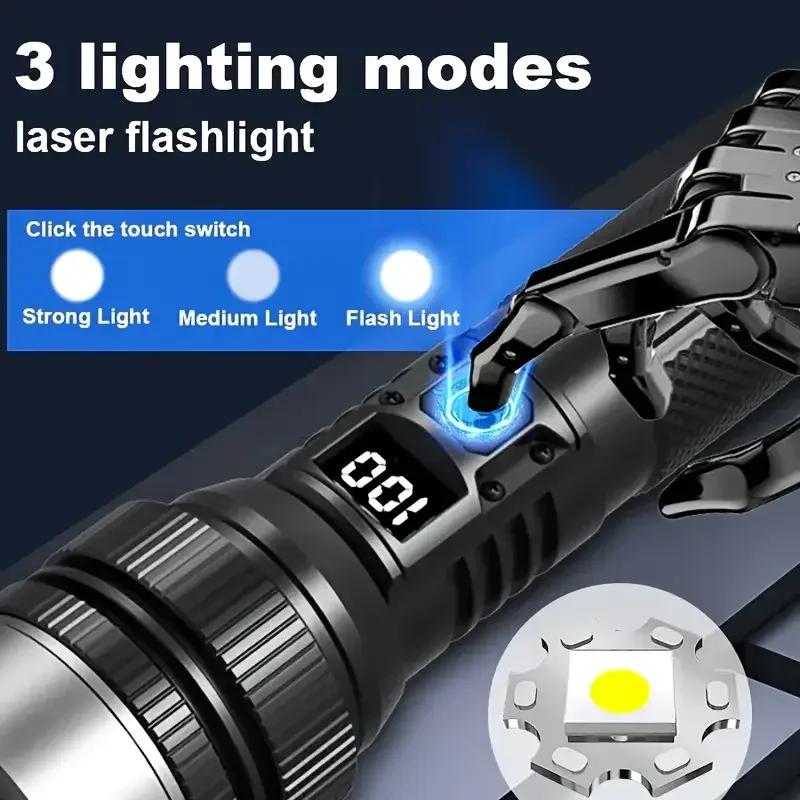 Powerful LED Flashlight Type-c Rechargeable Telescopic Zoom Torch Electric Display High Brightness Waterproof Lighting Torch