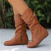 Fashion Women Mid-Calf Boots PU Pleated Boots Female Round Toe Shoes Concise Height Increasing Flat Shoes Autumn Winter Size 34-50