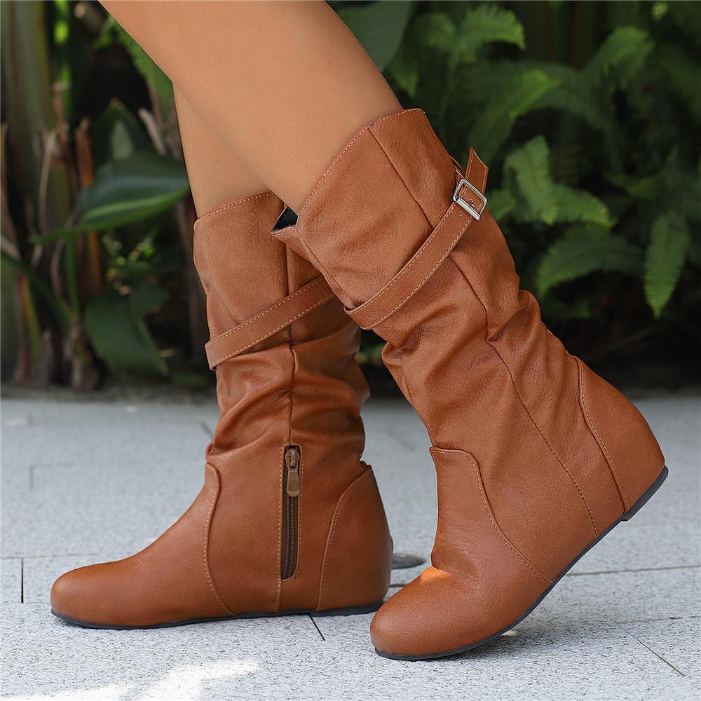 Fashion Women Mid-Calf Boots PU Pleated Boots Female Round Toe Shoes Concise Height Increasing Flat Shoes Autumn Winter Size 34-50