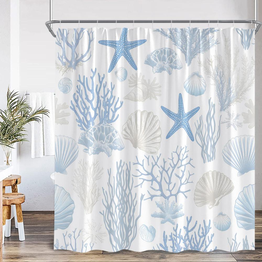 Nautical Marine Life Shower Curtain Anchor Sea Turtle Seastar Octopus Seashell Coral Ocean Summer Bathroom Curtain Decoration