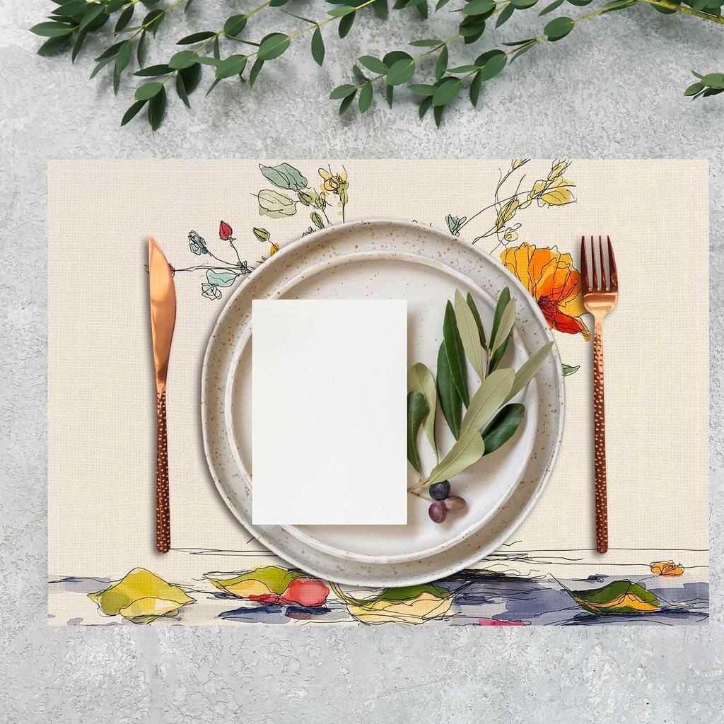 Watercolor Line Flowers Placemat Set of 4 Spring Summer Floral Placemats Seasonal Table Mats for Indoor Outdoor Home Kitchen Dining Decor Party Farmho
