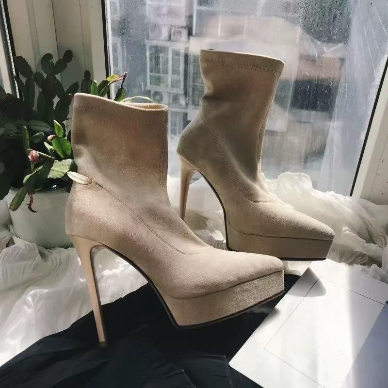 Fall/Winter  Stiletto Stretch Boots Pointed Toe Platform Suede Slean Sexy Temperament Booties