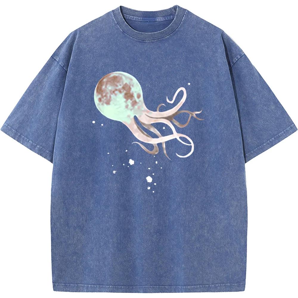 Moon Octopus Men's Short-Sleeved T-shirt Grams Of High-Quality Washed Old Tshirt Student Top T-shirts