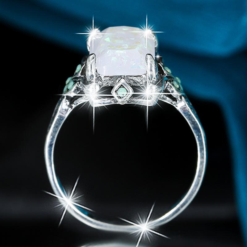 New Square White Opal Ancient Silver Ring European and American Bride Ladies Wedding Hand Jewelry