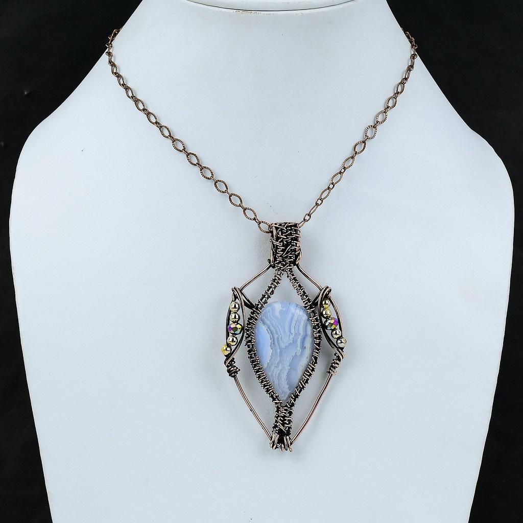 Pingente de Ágata de Renda Azul Pingente de Fio de Cobre Enrolado Pingente de Contas de Titânio Pingente de Pedra Preciosa Jóias de Cobre Antigas Pingente Feito à Mão Para Presente