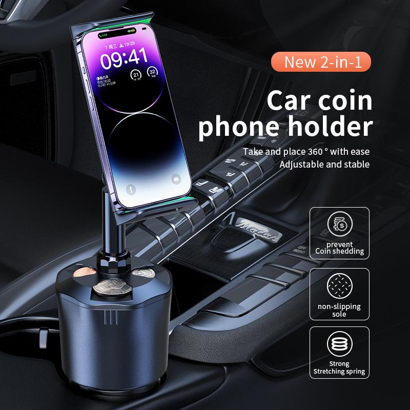 Multifunctional Car Coin Holder Cup Phone Mount, Foldable Stand for Cup Holder, Vehicle Money Storage Box Organizer