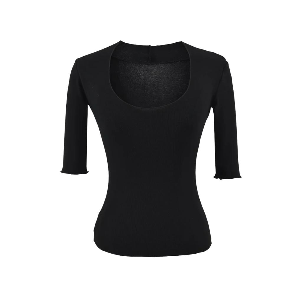 Women's Scoop Neck 3/4 Sleeve Slim Fit T Shirt Solid Color Basic Crop Top Casual Tee