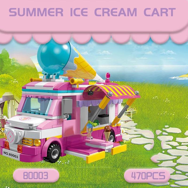 

Ice Cream Truck Building Blocks City Street View Pink Car Ice Cream Store Asembly Bricks Children DIY Toys Holiday Gifts