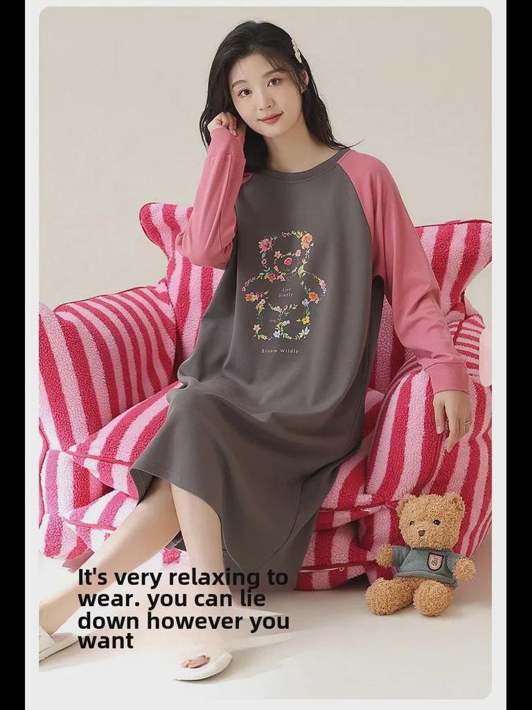 Women's 100% Cotton Knee-Length Long-Sleeve Nightdress for Spring and Autumn