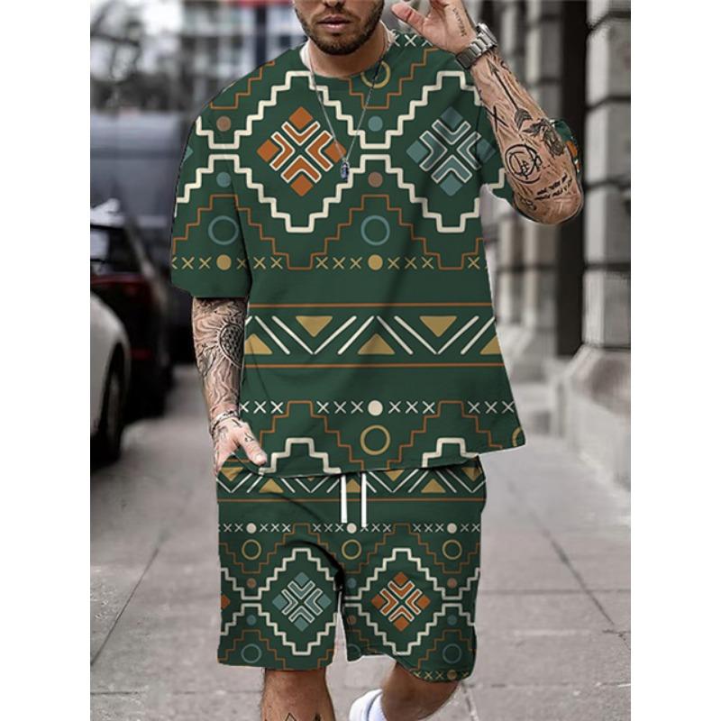 2025 New Summer Men's Short Sleeve Shorts Set Street Everyday Casual Men's T-Shirt Outdoor Fashion Loose Shorts Bohemian Print