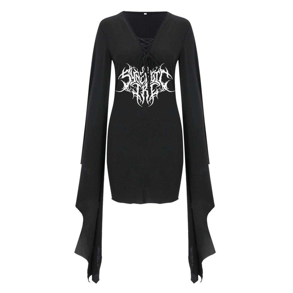 Women's Gothic Punk Bat Sleeve Witch Dress with Skeleton Heart Print Irregular Hem Party Dress for Halloween Costume