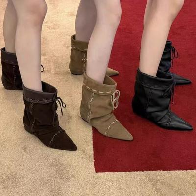 Punk Design Style Insoles Height Wedges Heels Women Knee-High Boots Autumn Winter Vintage Pointed Toe Lace-up Shoes