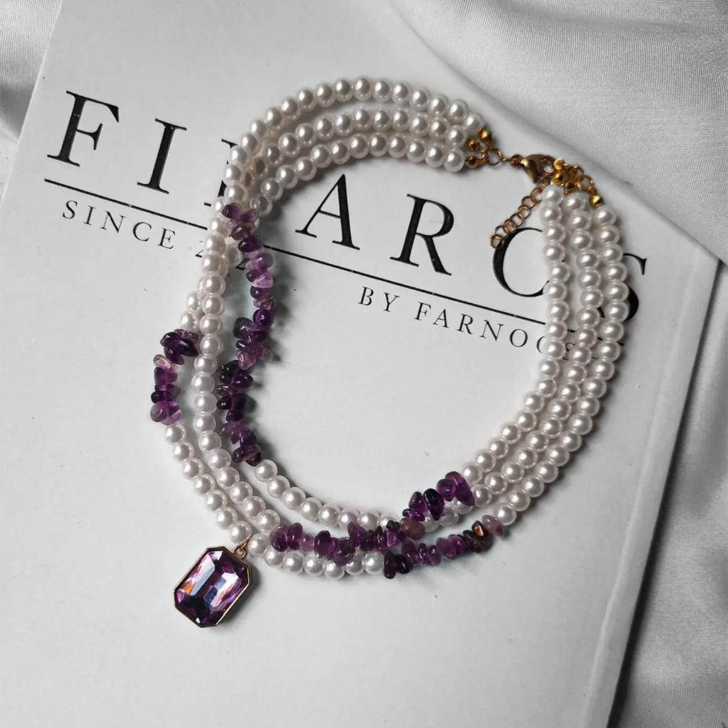 Geometric Pearl Necklace With Crystal Pendant For Women Summer