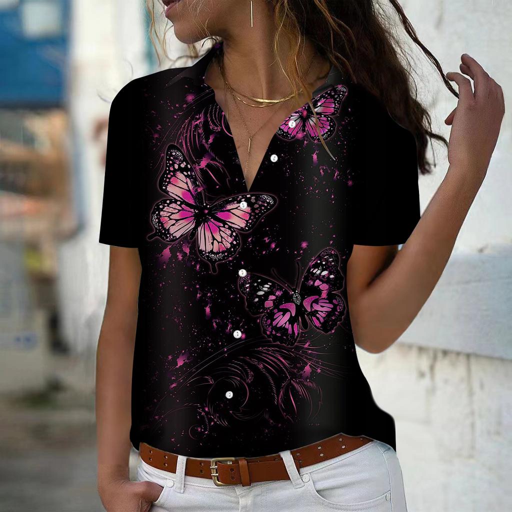 2025 Summer New Fashion Women's Butterfly Printed Short Sleeve V-neck Casual Button-down Shirt Top