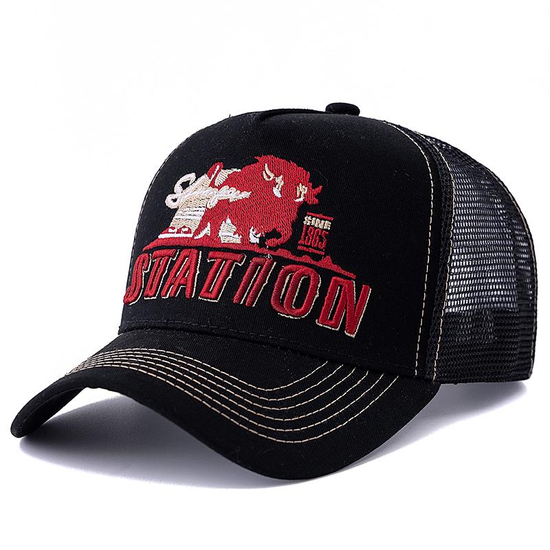 

Летняя рыболовная кепка STATION Letter унисекс, дышащая сетчатая кепка дальнобойщика с вышитыми большими бизонами и быками 56cm-60cm чёрный