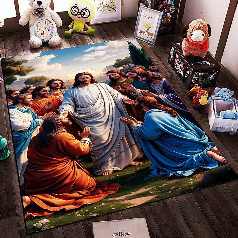 Religious Scene with Figures in Robes Non-slip rug suitable for living room and bedroom sofas.