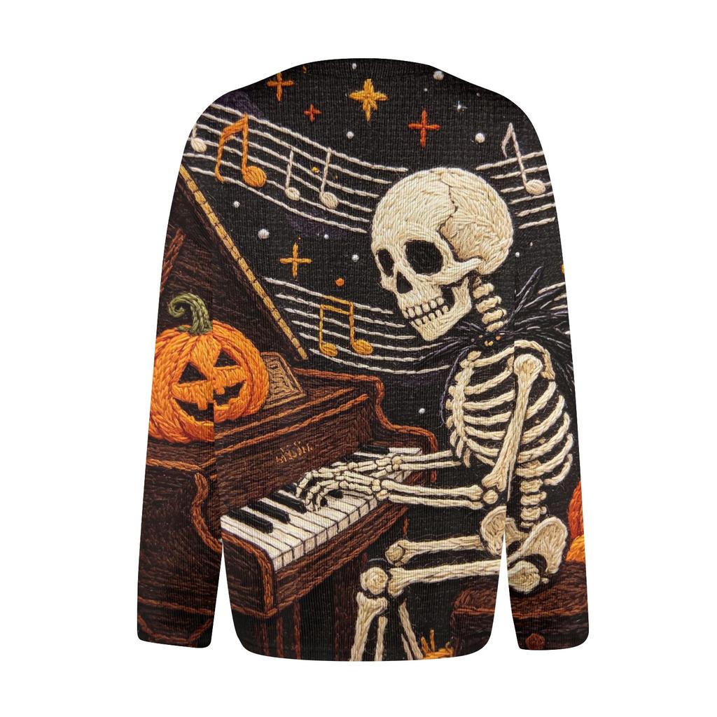 Women's Halloween Long Sleeve Knit Cardigan Button Up Sweater Skeleton and Pumpkin Musical Print Lightweight Outerwear for Fall and Winter