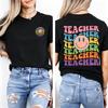 Groovy Retro Teacher T‑Shirt,Colorful Smile Face Front Back Printed Tee,Gift for Teacher, Teacher Appreciation Gift, Boho Teacher School Tee
