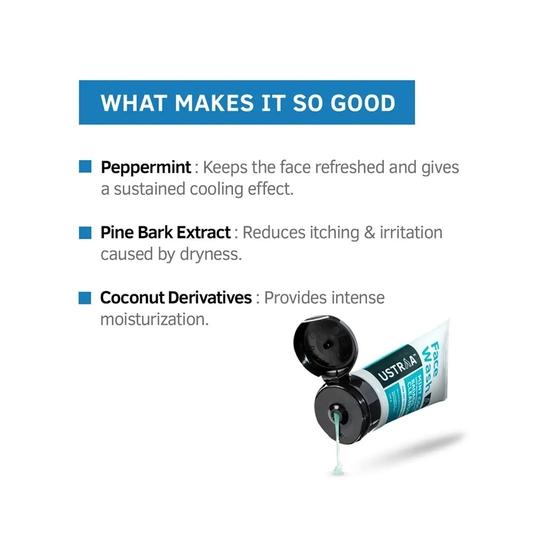 Ustraa Face Wash - Mint Cool - For Dry To Normal Skin - 100g | Reduces Moisture Loss & Activated Charcoal Face Scrub - 100g