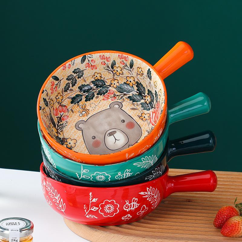 Japanese Cartoon Underglaze Ceramic Hand Handle Bowl Microwave Oven Baked Rice Bowl Baked Bowl Noodle Bowl Rice Bowl With Hand Handle Salad Bowl