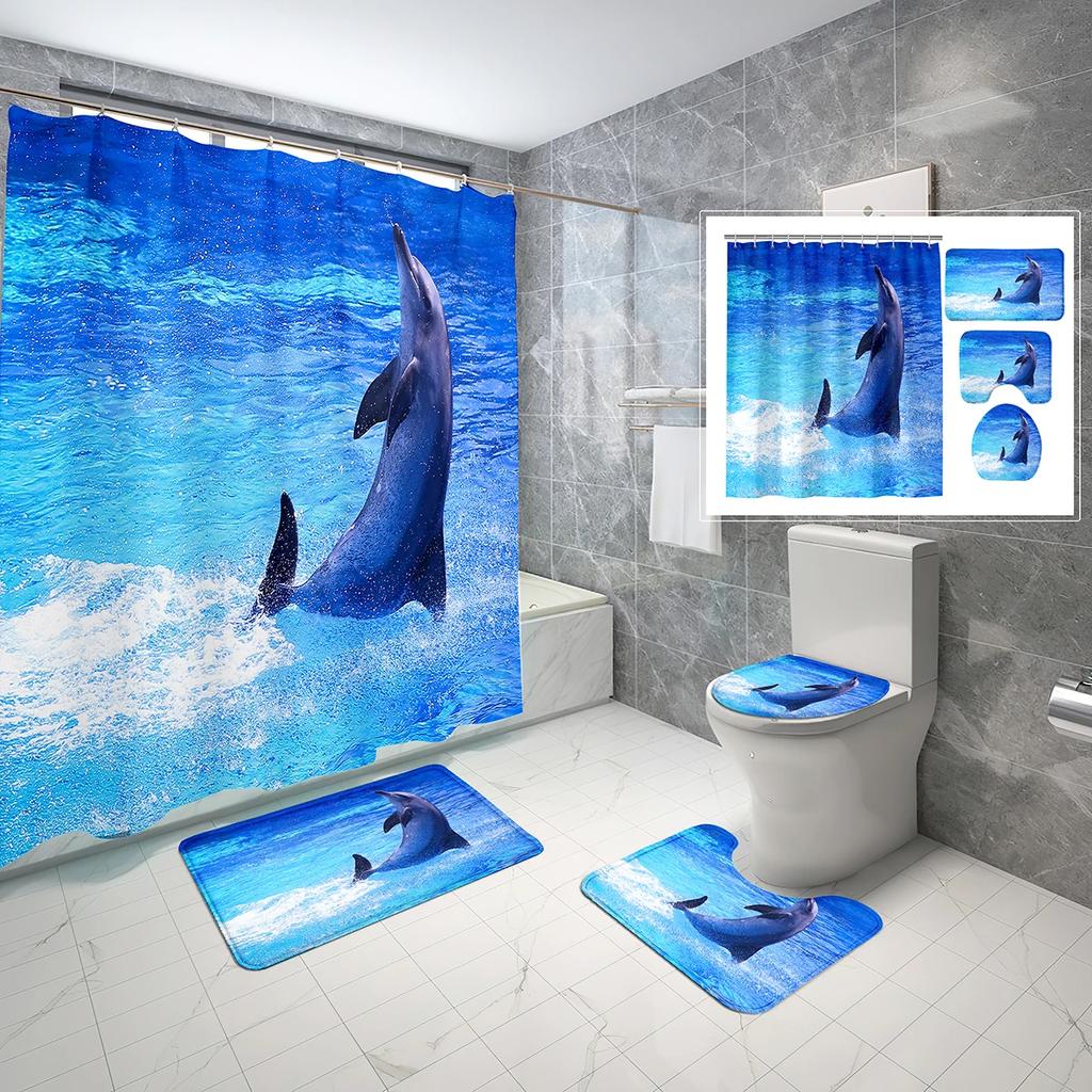 4 Sets Dolphin Shower Curtain Sets With Non-Slip Bath Mat,Toilet Lid Cover And Ocean Animals Blue Sea World Shower Curtain Set